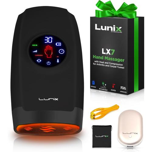 Lunix LX7 Electric Hand Massager with Compression, Pressure Point Therapy for Arthritis, Pain Relief and Carpal Tunnel, Shiatsu Massage Machine with Heat, with Hand Warmer, Black