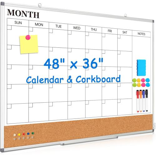 Large Monthly Dry Erase Calendar Whiteboard for Wall, 48 x 36 Double-Sided Big Calendar White Board Cork Board Combo, Aluminum Framed Month Planning Bulletin Board for Office, School, Home