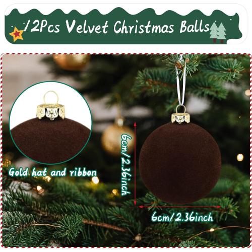 12pcs Christmas Tree Hanging Ball Decoration 2.4Inch Velvet Christmas Ornaments Balls Flocked Shatterproof Plastic Xmas Tree Ball for Party Holiday Wedding Home Decor (1, Coffee, 12PCS)