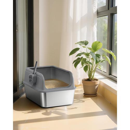 Powools Stainless Steel Cat Litter Box, High-Sided, Grey, XL | Metal Litter Box with Scoop, Anti-Leakage Top Entry, Non-Sticky, Easy to Clean, 6-Inch Splash-Proof Deep Pan