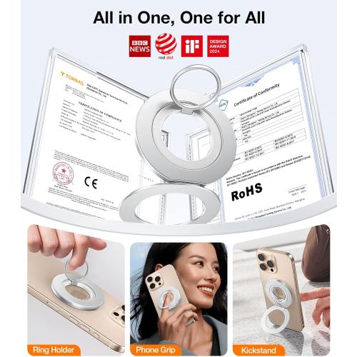 TORRAS 2025 Upgrade [Dual-Ring] Fit for MagSafe Phone Grip Ring Holder [Dual-Ring] Compatible with MagSafe Kickstand Magnetic for iPhone 16/15/14/13/12/11 Samsung, Google Accessories, Silver White