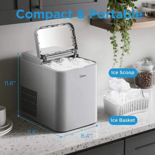 Midea MERI26B1AGY Countertop Bullet-Ice Maker, 8 Ice Bullets Ready in 6 Minutes, 26lbs/24H, Self-Cleaning Function with Ice Scoop and Basket for Home/Office/RV