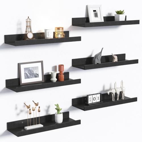 Floating Shelves for Wall, Wall Shelves for Decor Storage Set of 6, Wall Mounted Wood Shelf for Bedroom, Living Room, Bathroom, Kitchen, Picture Ledge Shelf, Black