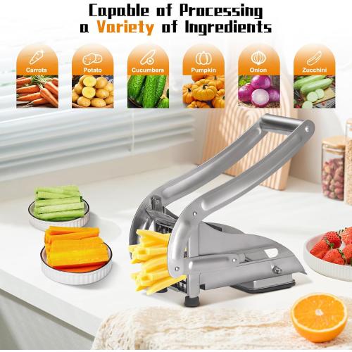 French Fry Cutter, Stainless Steel Potato Cutter, Potato Slicer, Includes 2 Blade Size Cutter Options and No-Slip Suction Base, Perfect for use with Air Fryer