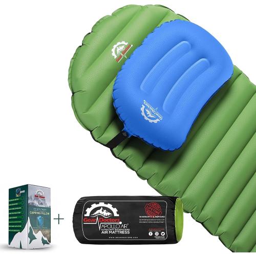 Gear Doctors Ultralight 17oz Apollo-Air Sleeping pad   Blue Anti Slip Camping Pillow Duo, 5.2 R-Value 4 Season Air Mattress with Ergonomic Ultralight Pillow The Size of A Soda Can