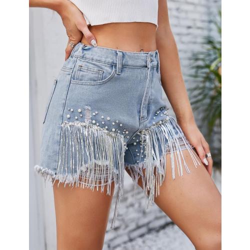 Size 2XL Snoly Women's Shorts Colored Rhinestone Sexy Summer High Waist Fringe Tassel Frayed Ripped Denim Jean Shorts