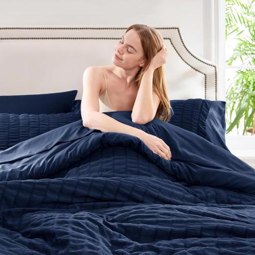 CozyLux Queen Comforter Set **Navy Blue** Seersucker 7 Pieces Bed in a Bag Queen Comforter Set with Sheets Luxury Soft Bedding Set with Down Alternative Comforter, Sheets, Pillowcases & Shams All Seasons