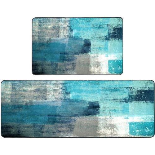 Kitchen Mats for Floor,TOMWISH Turquoise Kitchen Rug Grey Abstract Area Rug Art Painting 17X48 17X24 Non-Slip Kitchen Rug Set for Kitchen Dining Room,Floor Home,Office,Sink,Laundry
