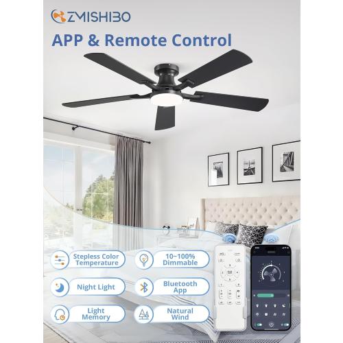 ZMISHIBO 52 Inch Ceiling Fan with Light, App&Remote Control, Flush Mount Low Profile, Dimmable 20W LED Light, Quiet Reversible Motor for Bedroom, Living Room, Apartment, Black