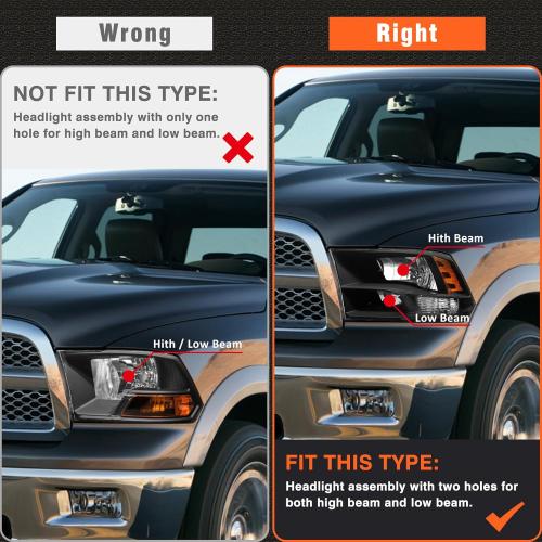Fit 2010-2018 Dodge Ram 2500/3500 Headlamp Amber(Quad And Dual Style) for 09-18 Ram 1500 Black Housing Headlight Assembly with Reflector Replacement Left Right(Not included Bulbs)