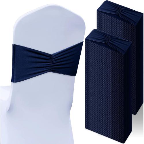 Moukeren 150 Pcs Spandex Chair Sashes Bows Bands Chair Covers Decorations Elastic Ribbon Seat Ties for Wedding Birthday Party Banquet Hotel Events Ceremony(Navy Blue)