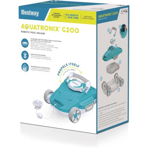 Bestway AquaTronix G200 Automatic Robotic Pool Cleaner, Cordless Pool Vacuum Robot, Ideal for Flat-Bottom Inground and Above Ground Swimming Pools, 90-Min Runtime, Cleans Pool Floor
