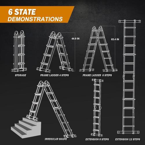 HBTower A Frame 3 Step Extension Ladder, 11Ft Multi Position Ladder with Removable Tool Tray and Stabilizer Bar, 330 lbs Capacity Telescoping Ladder for Household and Outdoor Work (Orange, 11Ft)