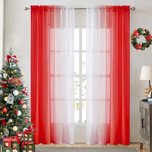 Ombre Faux Linen Sheer Curtains for Bedroom Living Room Rod Pocket, Privacy and Light Filtering, 2 Tone Reversible Gradient Voile Semi Window Curtains, Set of 2 Panels, Red, 54 x 96 Inch Length