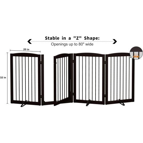 Freestanding Dog Gates with Door Walk Through, 80 inch Wide Gates Indoor, Dog Fences Indoor, Support Feet Included, 4 Panels, 32 Tall, Dark Brown