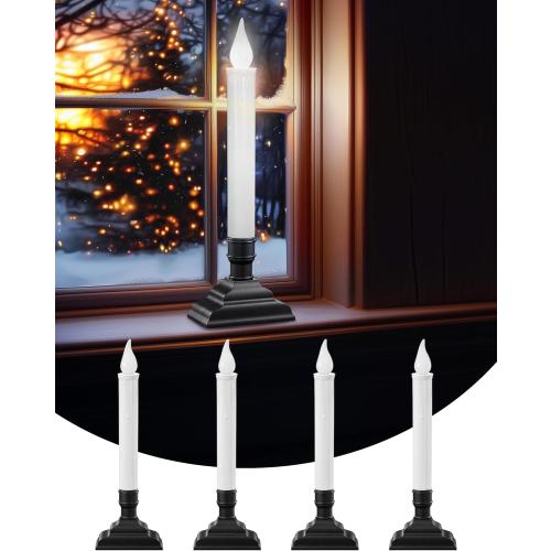 SURAIELEC Battery Operated Christmas Window Candles with 6H Timer, Flickering Cool White LED Candles, Window Candle with 1.7‘’ Narrow Base for Windowsill, Mantel, Dining Table, Matte Black, 4-Pack