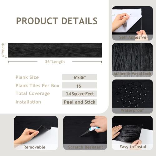 VEELIKE Black Vinyl Plank Flooring Peel and Stick Floor Tile Waterproof Wood Vinyl Floor Tiles with Low Gloss Finish 16-Pack 24 Sq. Ft. Adhesive Laminate Flooring For Bedroom Bathroom Kitchen 6''x36''