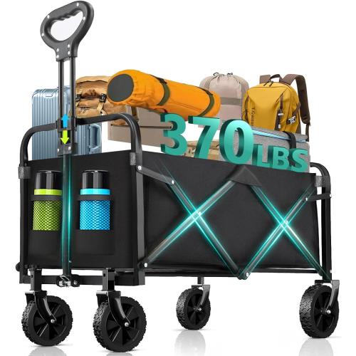 Collapsible Wagon with Wheels, 370lbs Weight Capacity Foldable Beach Wagon with Flexible Handle Portable Utility Wagon Cart for Outdoor, Grocery, Garden, Camping