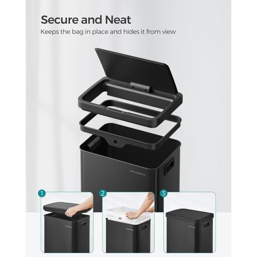 SONGMICS Motion Sensor Trash Can, Gallon Automatic Kitchen Garbage Can with Stay-Open Lid, Soft Close, Stainless Steel, 15 Trash Bags Included, Ink Black ULTB630B68