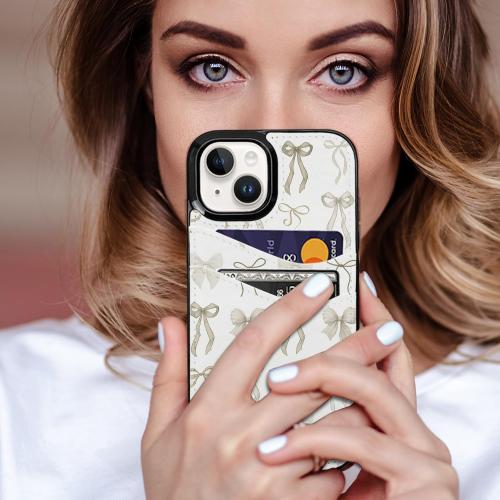Compatible with iPhone 13/14/15 6.1 inch Case with Card Holder Soft Cute Leather Wallet Case Protective Shockproof Hard Cover for Women Girls (Pastel Ribbon Bow)