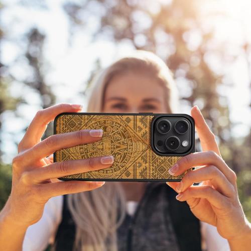 Carveit Magnetic Wooden Case for iPhone 16 Pro Case, Wood Artisan Engraved & Black Soft TPU Shockproof Cover, Compatible with MagSafe Wireless Chargers (Aztec Calendar) Cherry