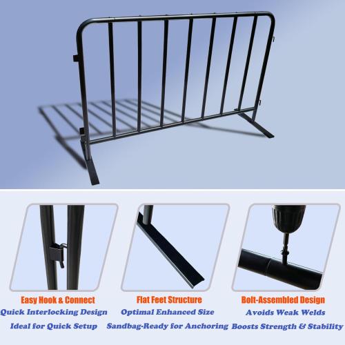 2-Pack Steel Crowd Control Barrier, Light Duty 5FT Interlocking Safety Barricade, 16GA Galvanized Steel Queue Barrier, Assembly Needed for Pedestrian Traffic & Construction Barricade（Black）