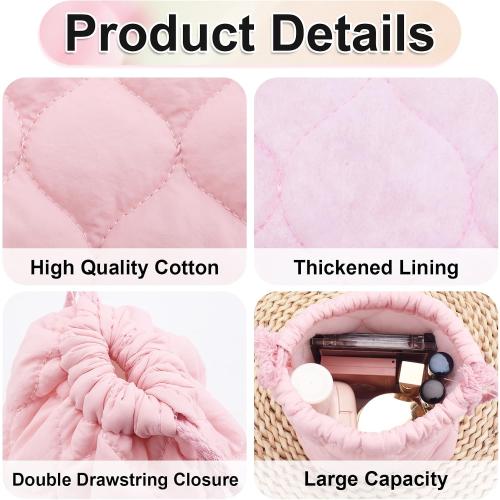 Cotton Quilted Drawstring Makeup Bag Small Cosmetic Bag Preppy Portable Toiletry Pouch for Purse Cute Pink Travel Organizer Bags Aesthetic Mini Storage Bags for Women Girls Kids Mama Gift