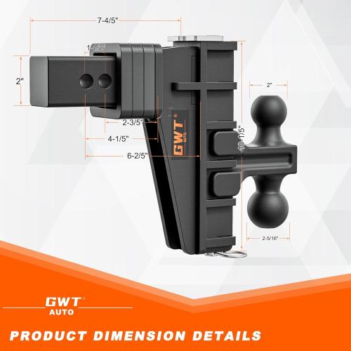 Dual-Ball Adjustable Trailer Hitch(2&2-5/16), Fits 2-Inch Receiver, 6 Inch Drop/Rise Drop Cushioned Hitch, 25,000 LBS GTW-Tow Hitch for Truck, Solid Ball Mount, Black, Heavy Duty