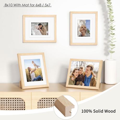 8x10 Picture Frames Matted for 5x7 and 6x8 Picture, Solid Wood with Oak Wood Grain, Double Mats Photo Frame with Tempered Real Glass Fits 3 sizes, Tabletop or Wall Mounting Display, Oak