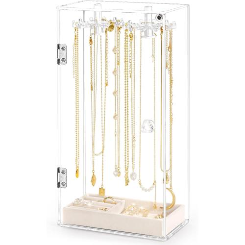 Clear 12.5 x 6.3 x 3.3 Necklace Holder, Acrylic Jewelry Organizer with 24 Hooks, Rotation Clear Necklaces Pendant Display Case Stand, Dust-proof Velvet Tray Hanging Rack Storage for Earrings Rings