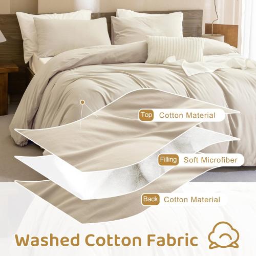 Sanracie Cotton Comforter King Size,Solid Color Bedding Comforter Set Linen Feel Textured 3 Pieces(1 Wheat Bed Comforter   2 Pillowcases) Soft Lightweight Neutral King Bedding All Season