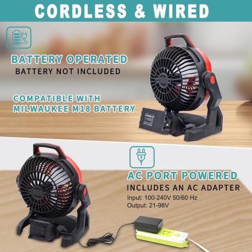 Battery Powered Fan for Milwaukee M18 18V Battery Variable Speed Battery Operated Fan Furnish AC Adapter, Highest 650 CFM Cordless Fan Low Noise for Jobsite Camping Fan (No Battery)