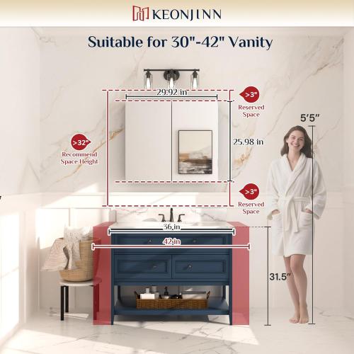 Keonjinn 30 x 26 Inch White Medicine Cabinet Mirror, Assembly Needed, in Wall Medicine Cabinets for Bathroom, Lightweight, Adjustable Shelves, Tempered Glass, Soft Closing, Recessed or Wall Mount