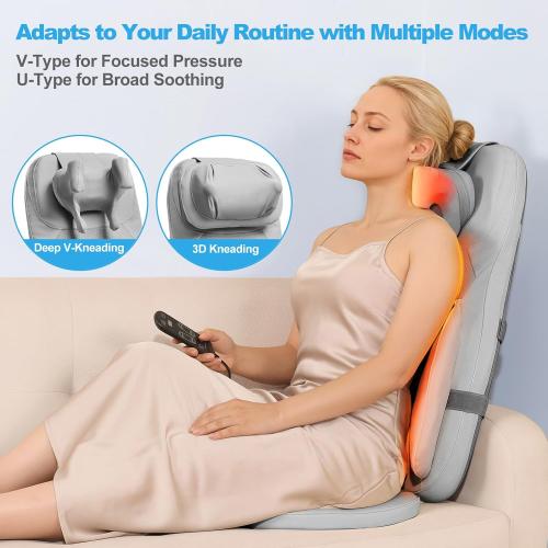 Shiatsu Neck and Back Massager with Heat - 3D Kneading & Vibration Full-Back Massage Cushion to Ease Muscle Stiffness, Adjustable Intensity & Height for Office Chair, Home Use (Grey)
