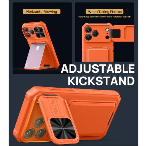 SSLOTSCASE for iPhone 17 Pro Max Case with Card Holder & Camera Stand & Kickstand & Slide Camera Lens Cover & Wallet, Military-Grade Heavy Duty Phone Case Cover for iPhone 17 Pro Max 6.9'', Orange