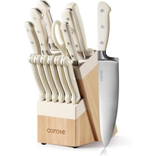 CAROTE 14 Pieces Knife Set with Block, Forged, High Carbon Stainless Steel Sharp Blade Block Knife Set, Dishwasher Safe Cutlery, Cream