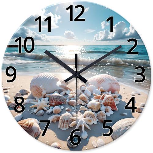 XNM 16 Inch Large Wall Clocks Battery Operated Coastal Shell Glass Clocks for Living Room Decor Blue Silent Wall Clock No Ticking