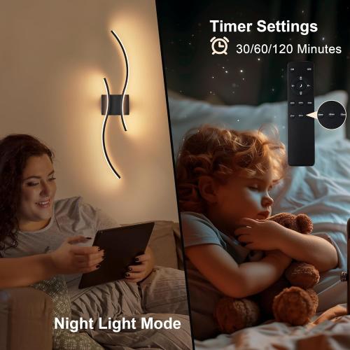 Battery Operated Wall Sconces Set of Two with Remote Control, Stepless Colors 3000K-6000K & Dimming, LED Black Wireless Wall Light for Living Room, Hallway, Bedroom, 31.5 Inch (2 Pack)
