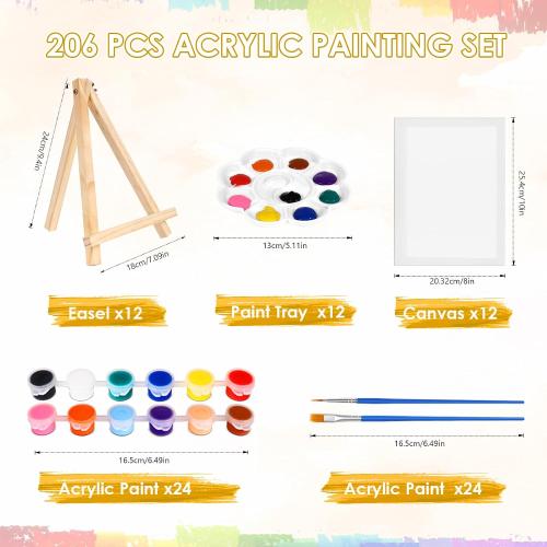 12 Pack 8 * 10In Canvas Boards for Painting, Mini Painting Canvas Kits with 24 Brushes & 12 Paint Trays & 12 * 12 Colors Acrylic Paint 12 Easel,Sip and Paint Kit for Adults & Kids Party