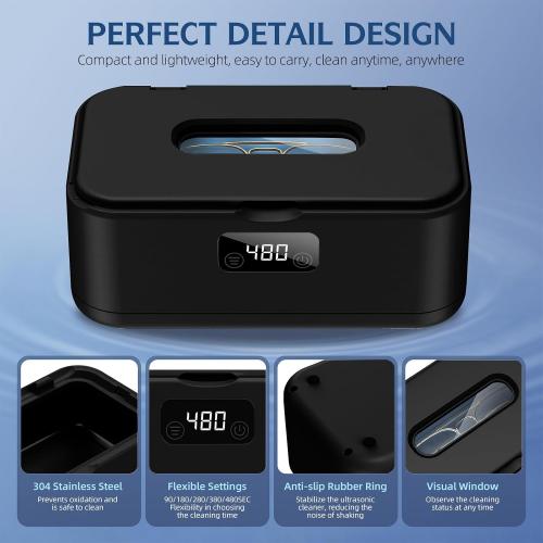 Ultrasonic Jewelry Cleaner, 50Khz Jewelry Cleaner Ultrasonic Machine for Jewelry, Eyeglasses, Rings, Watch Strap, Dentures, 24oz - 304 Stainless Steel Tank, Digital Timer, 5 Cleaning Modes(Black)