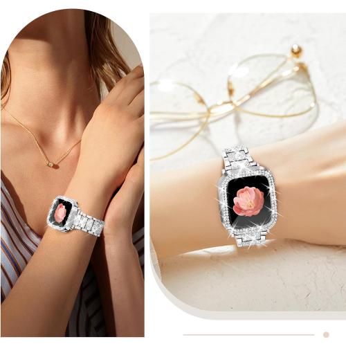 Bling Watch Bands with Bling Case for Women Compatible with Apple Watch Band 40mm Elegant Dressy Jewelry Replacement Metal Link Wristband Protector Cover for iWatch Series 7/8/9 SE Silver