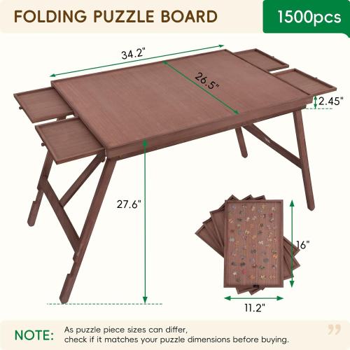 TEAKMAMA 27.6 H Tall Puzzle Board 1500 Piece Puzzle Table with Legs, 4 Drawers, 34.3 W x 26.5 D Large Wood Folding Jigsaw Puzzle Board with Cover for Adults, Chocolate Brown