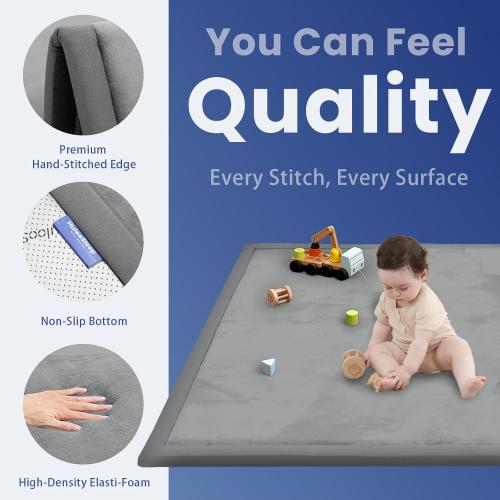 Ultra Soft Baby Play Mat for Floor,1.3 Thick Elasti-Foam 50x50 Playpen Mat for Toddlers Infant kids,Water-Repellent Coral Velvet for Tummy Time,Non-Slip Backing Safe for Crawling,Tatami Style (Dark Grey)
