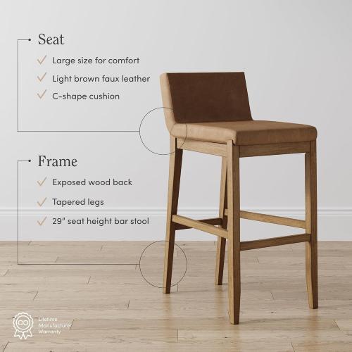 Nathan James Gracie Modern Upholstered Bar Chair, Wooden Bar Stool for Kitchen Island with Faux Leather Upholstery, Light Brown, Set of 2