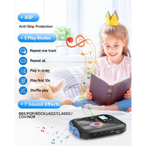 Portable-CD-Player with Bluetooth - Rechargeable with FM Transmitter, Dual Speakers, Headphones and AUX Use for Car Travel Home