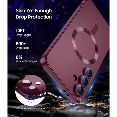 Magnetic for Samsung Galaxy S25 Plus Case [Compatible with MagSafe][Built-in Camera Lens Protector] Slim Soft Silicone Bumper Shockproof Metallic Luster Phone Shell (Burgundy)