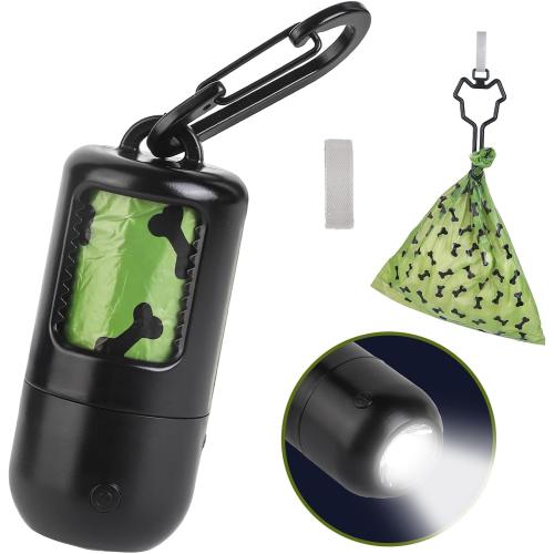 Dog Poop Bag Holder with Flashlight, USB Rechargeable, Doggie Waste Bag Dispenser for Leashes, Includes 1 Roll Extra Thick Bags, Clip & Holder - by PetIsay(Black)
