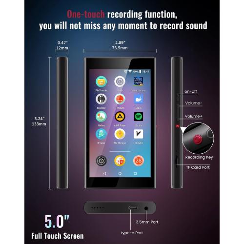 160GB MP3 Player with Bluetooth and WiFi, 5 IPS Screen Android Music Player with Play Store, Spotify, Pandora, Amazon Music, MP3 & MP4 for Kids with Libby, Audible, FM, Voice Recorder, Up to 1TB