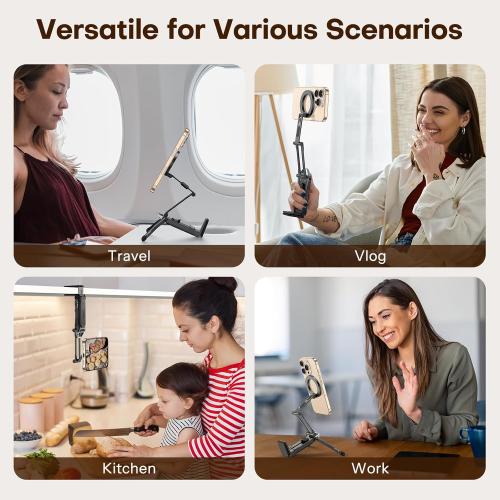 OMOTON TP02 360°Rotating for MagSafe Tripod, Adjustable Aluminum Magnetic Phone Tripod for iPhone 17/16/15/14 Pro Max Air, Foldable Cell Phone Stand Fits Vlog, Gym, Travel Essentials Accessories