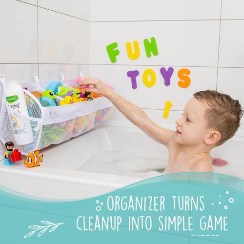Comfylife Large Bath Toy Organizer – 3 Compartment Bath Toy Holder for Bathtub & Shower – Quick-Dry Mesh with 4 Strong Adhesive Hooks – Kids Toys Storage Net for Bathroom, shower & Tub